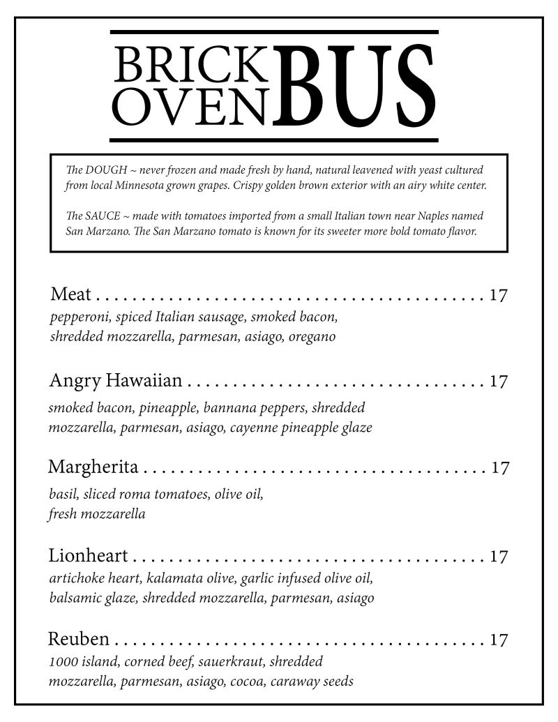 Brick Oven Bus Pizza Menu